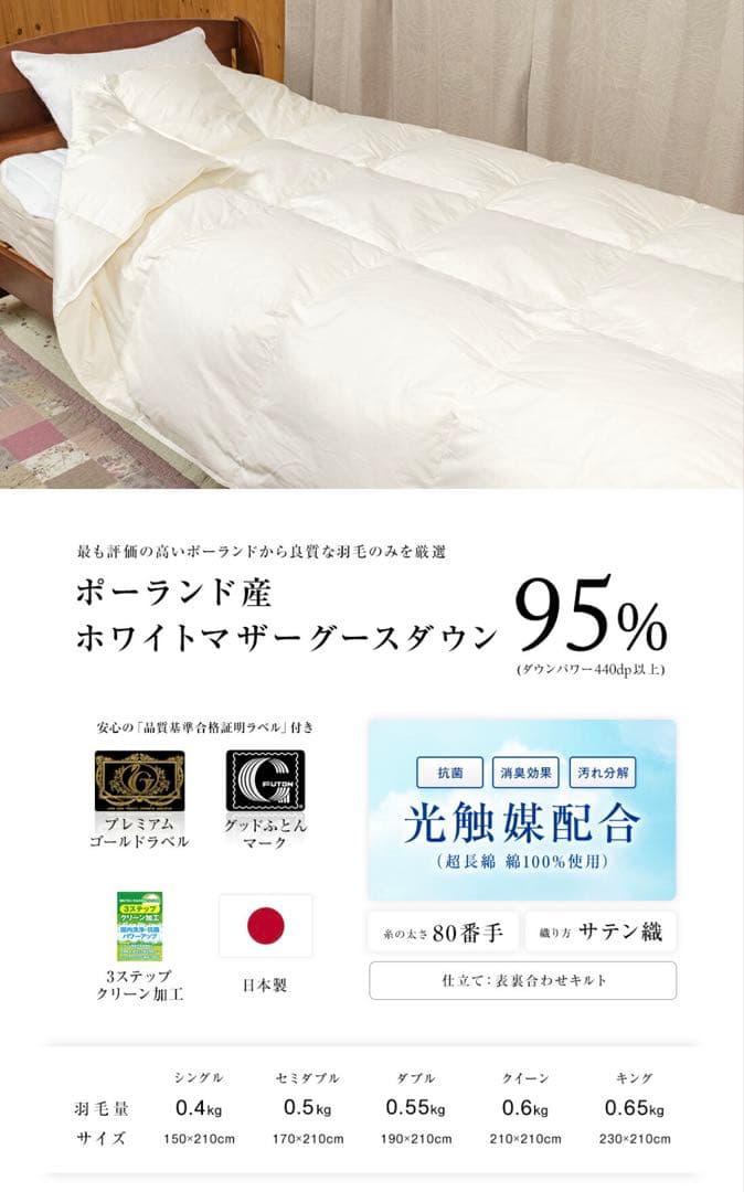 ポーランドプレミアムホワイトマザーグースダウン95%超長綿100%肌掛け羽毛布団