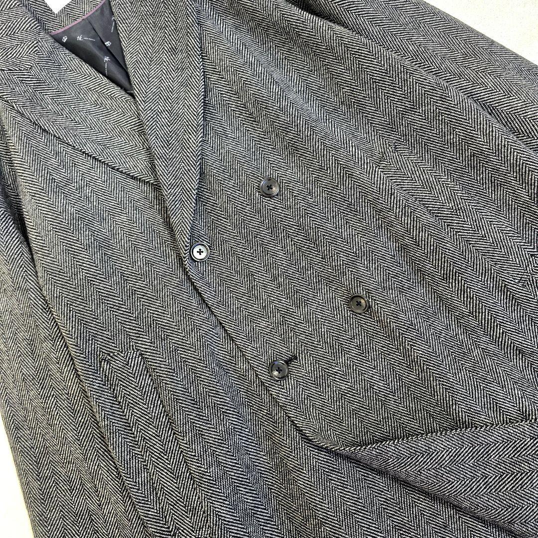 極美品 タケオキクチ ダブルチェスターコート ヘリンボーン ロゴ総柄 グレー