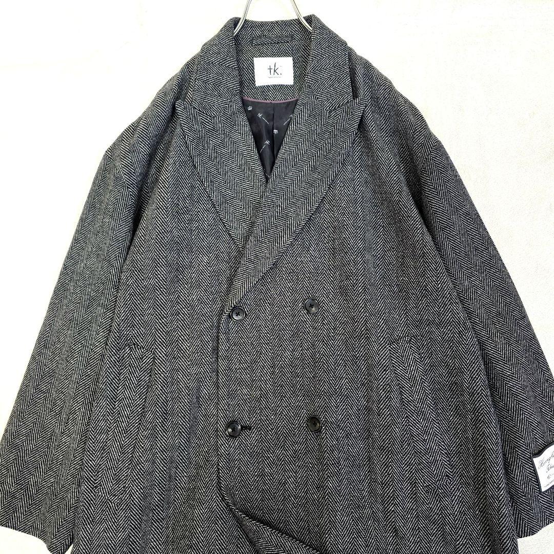 極美品 タケオキクチ ダブルチェスターコート ヘリンボーン ロゴ総柄 グレー