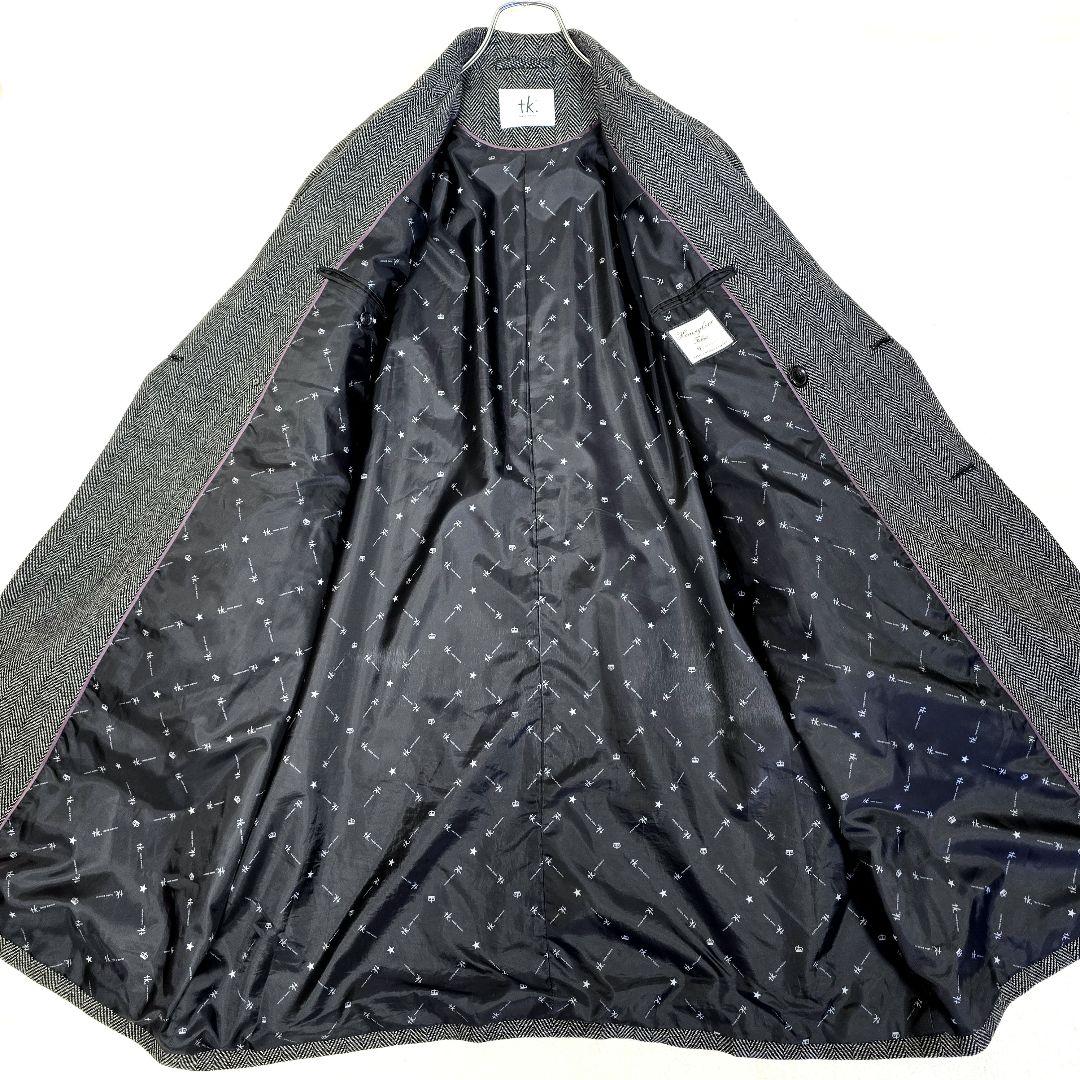 極美品 タケオキクチ ダブルチェスターコート ヘリンボーン ロゴ総柄 グレー