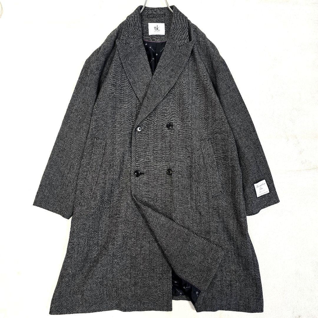 極美品 タケオキクチ ダブルチェスターコート ヘリンボーン ロゴ総柄 グレー