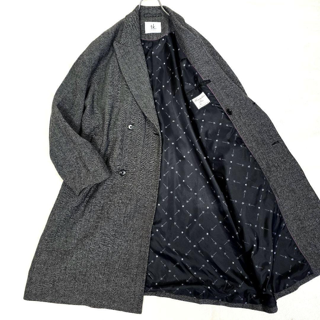 極美品 タケオキクチ ダブルチェスターコート ヘリンボーン ロゴ総柄 グレー