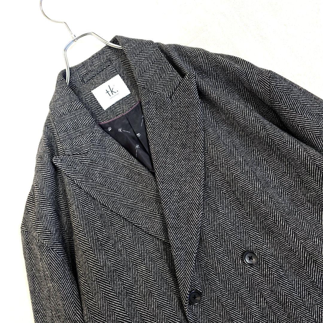 極美品 タケオキクチ ダブルチェスターコート ヘリンボーン ロゴ総柄 グレー