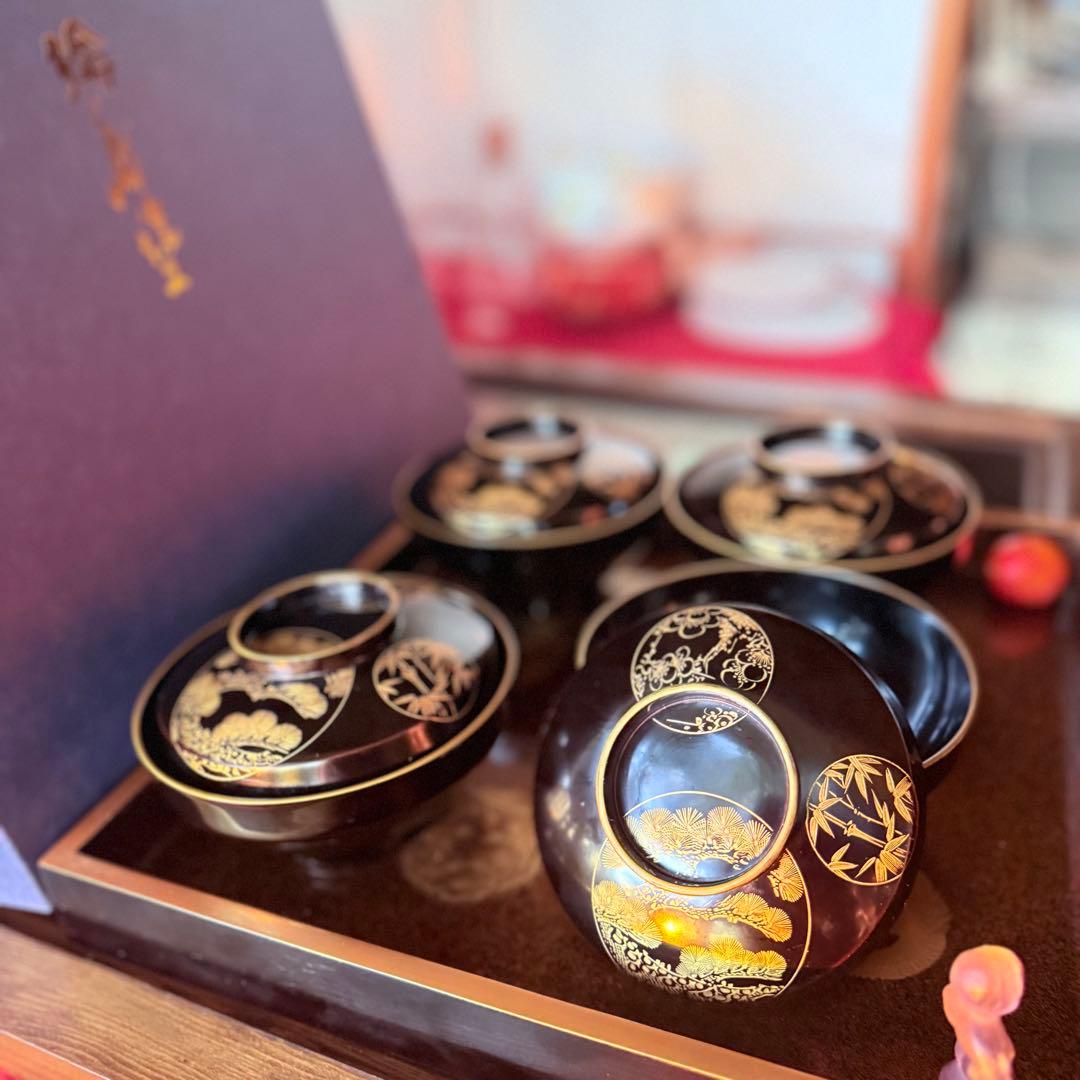 2115様感謝‼️ スーパームーン記念JAPAN輪島丸紋沈金松竹梅&鶴亀　黒椀4客