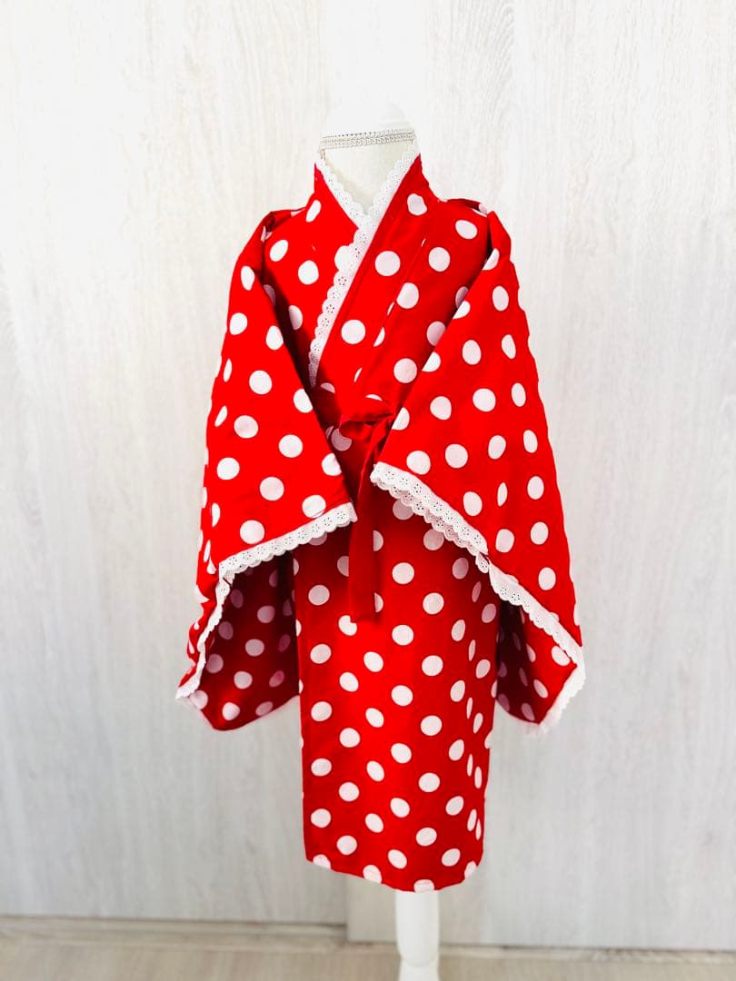 再販　七五三 3歳着物　ミニーちゃん風赤と白の水玉模様　ハンドメイド