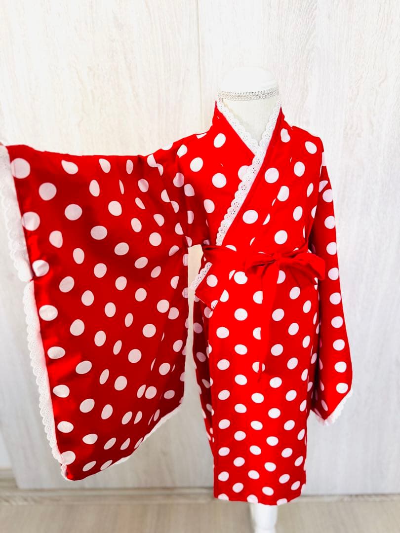 再販　七五三 3歳着物　ミニーちゃん風赤と白の水玉模様　ハンドメイド