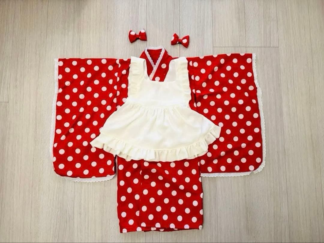 再販　七五三 3歳着物　ミニーちゃん風赤と白の水玉模様　ハンドメイド