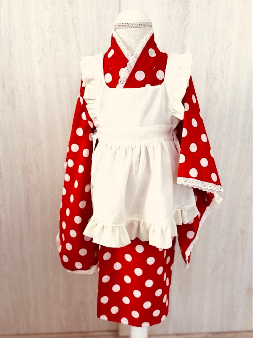再販　七五三 3歳着物　ミニーちゃん風赤と白の水玉模様　ハンドメイド