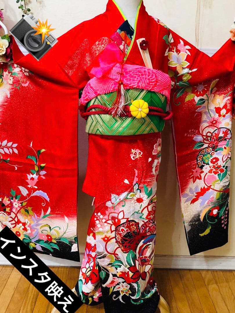 七五三 七歳‼️豪華正絹赤×黒ラメキラキラ‼️手毬熨斗金彩煌びやか際立つフルセット