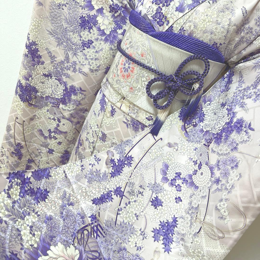 443 振袖フルセット 正絹 薄紫 金彩 総柄 小紋 レトロ フェミニン 上品