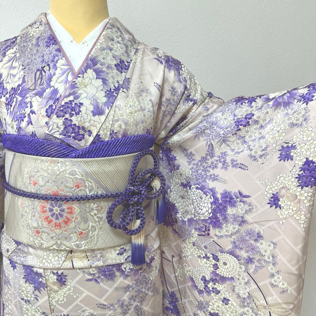 443 振袖フルセット 正絹 薄紫 金彩 総柄 小紋 レトロ フェミニン 上品