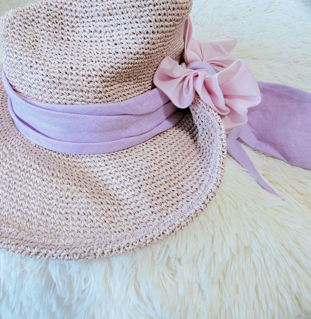 【CA4LA】リボン ストローハットカシラ　リボン 麦わら帽子　ピンク