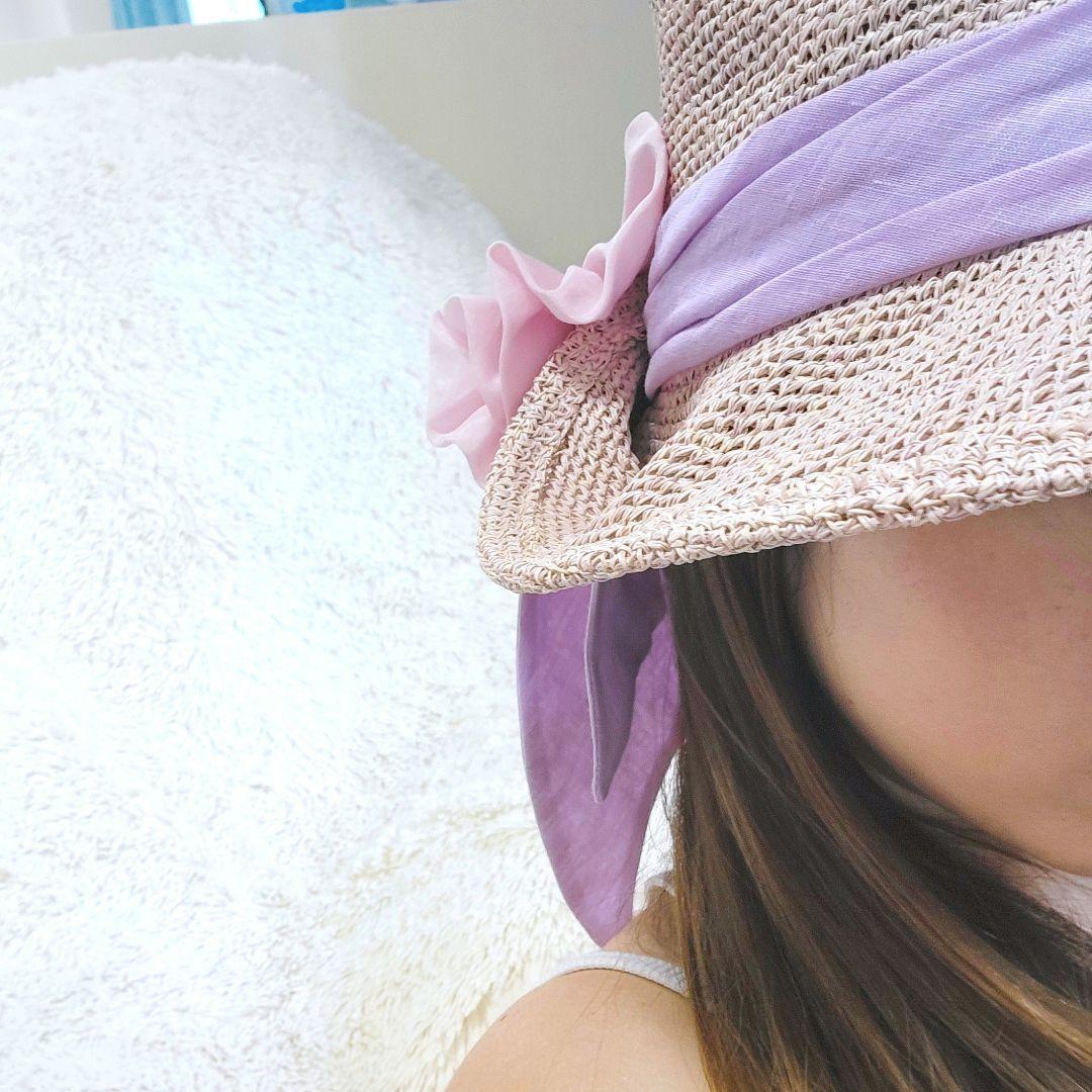 【CA4LA】リボン ストローハットカシラ　リボン 麦わら帽子　ピンク