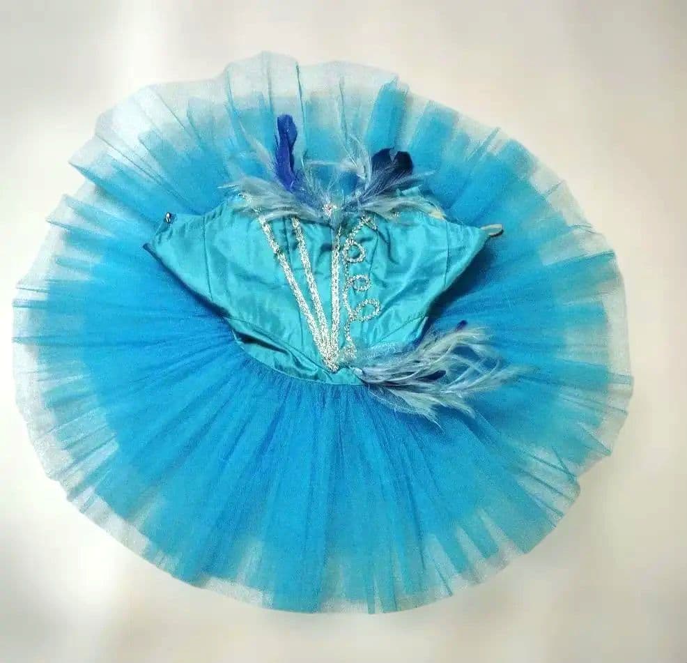 バレエ　水色 クラシックチュチュ シルビア製　小学中学年　2着　髪飾り、袖付