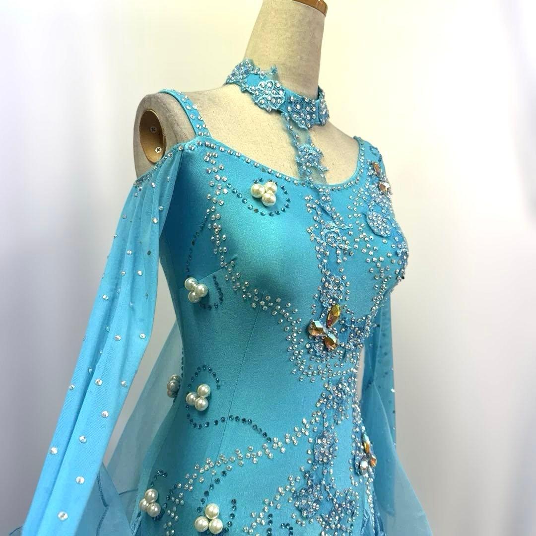 6316★M 水色 花柄レース スタンダードドレス 社交ダンス