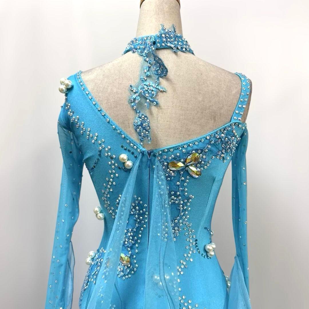 6316★M 水色 花柄レース スタンダードドレス 社交ダンス