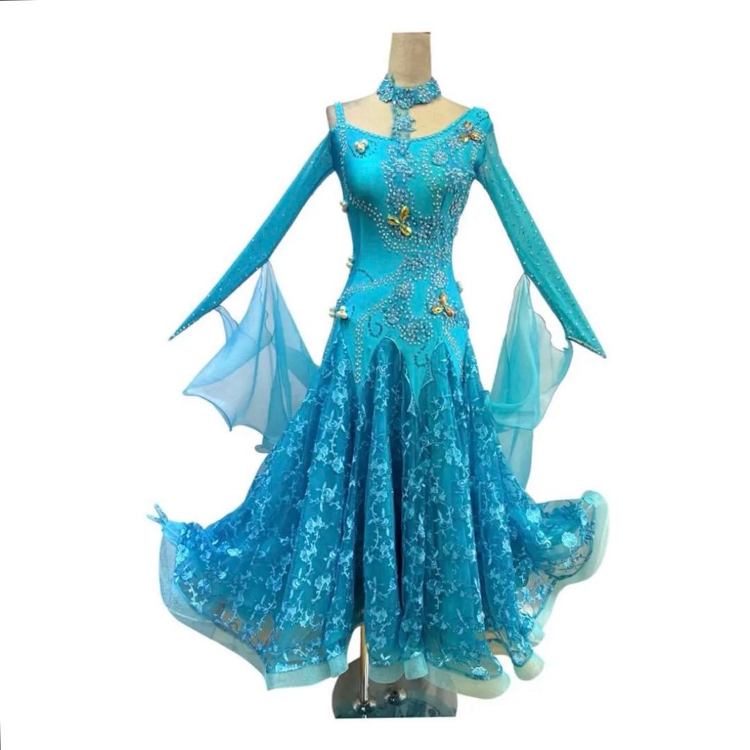 6316★M 水色 花柄レース スタンダードドレス 社交ダンス