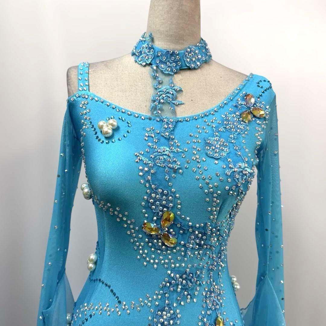 6316★M 水色 花柄レース スタンダードドレス 社交ダンス