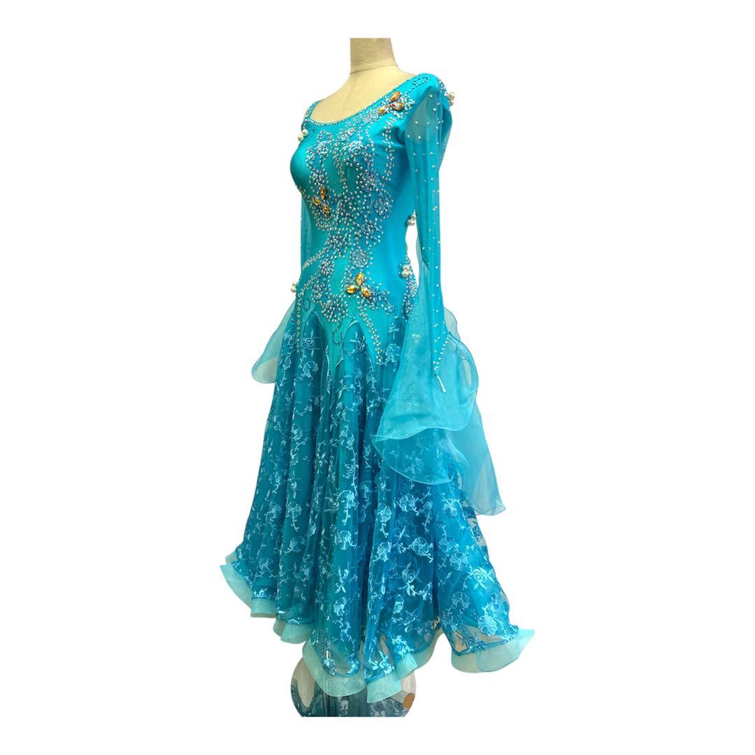 6316★M 水色 花柄レース スタンダードドレス 社交ダンス