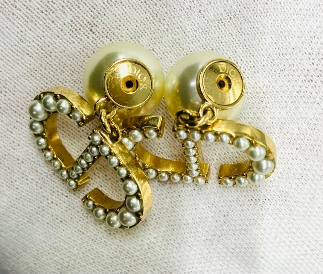 DIOR ディオール トライバル ラインストーン ロゴ ピアス ゴールド パール