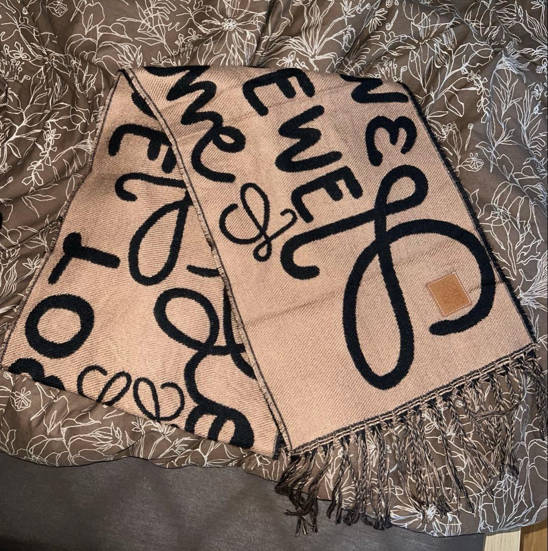 LOEWE ロエベ マフラー ブラウン ブラック ロゴ フリンジ ストール