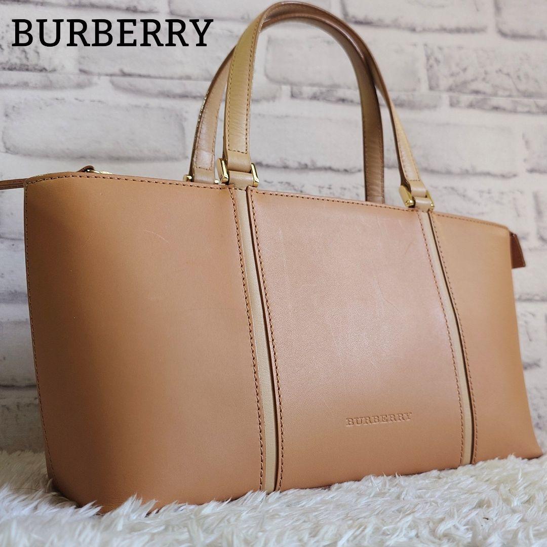バーバリー トートバッグ ノバチェック レザー ベージュ 型押しロゴ レディース