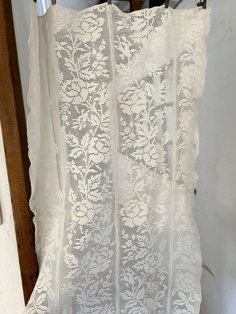 フランス　アンティーク　手編みクロッシェレース　テーブルクロス　カーテン