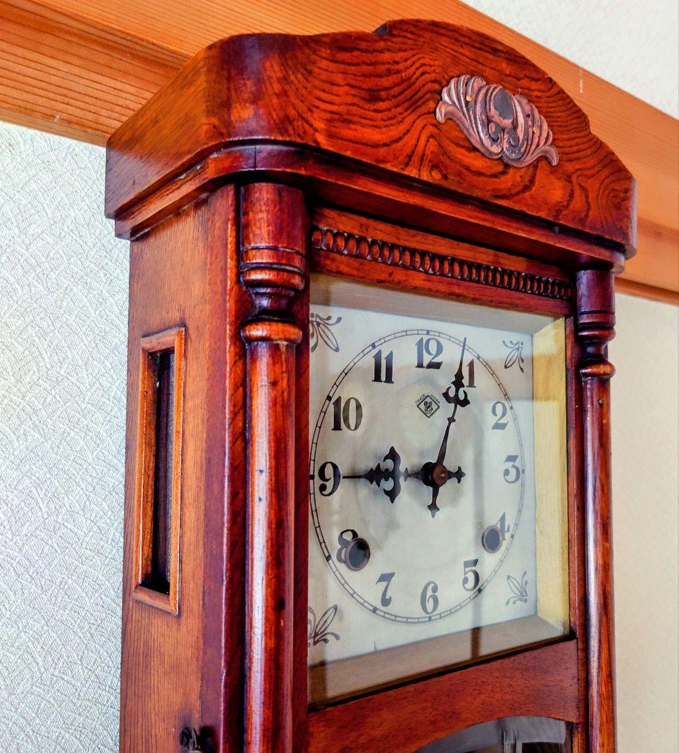 〈完動・美品〉浦時計製作所　欅造りスリゲル宮型ゼンマイ振り子時計　古時計
