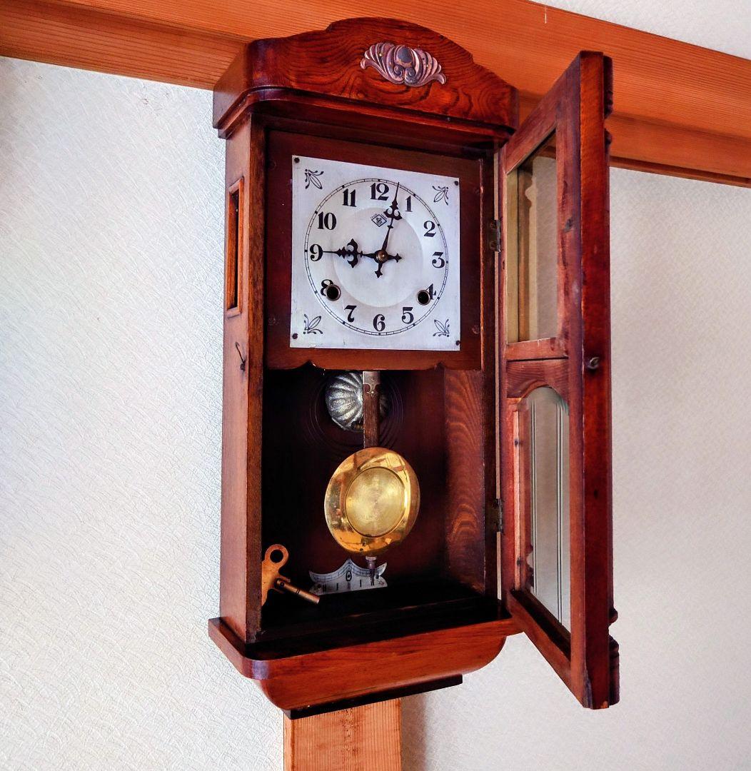 〈完動・美品〉浦時計製作所　欅造りスリゲル宮型ゼンマイ振り子時計　古時計