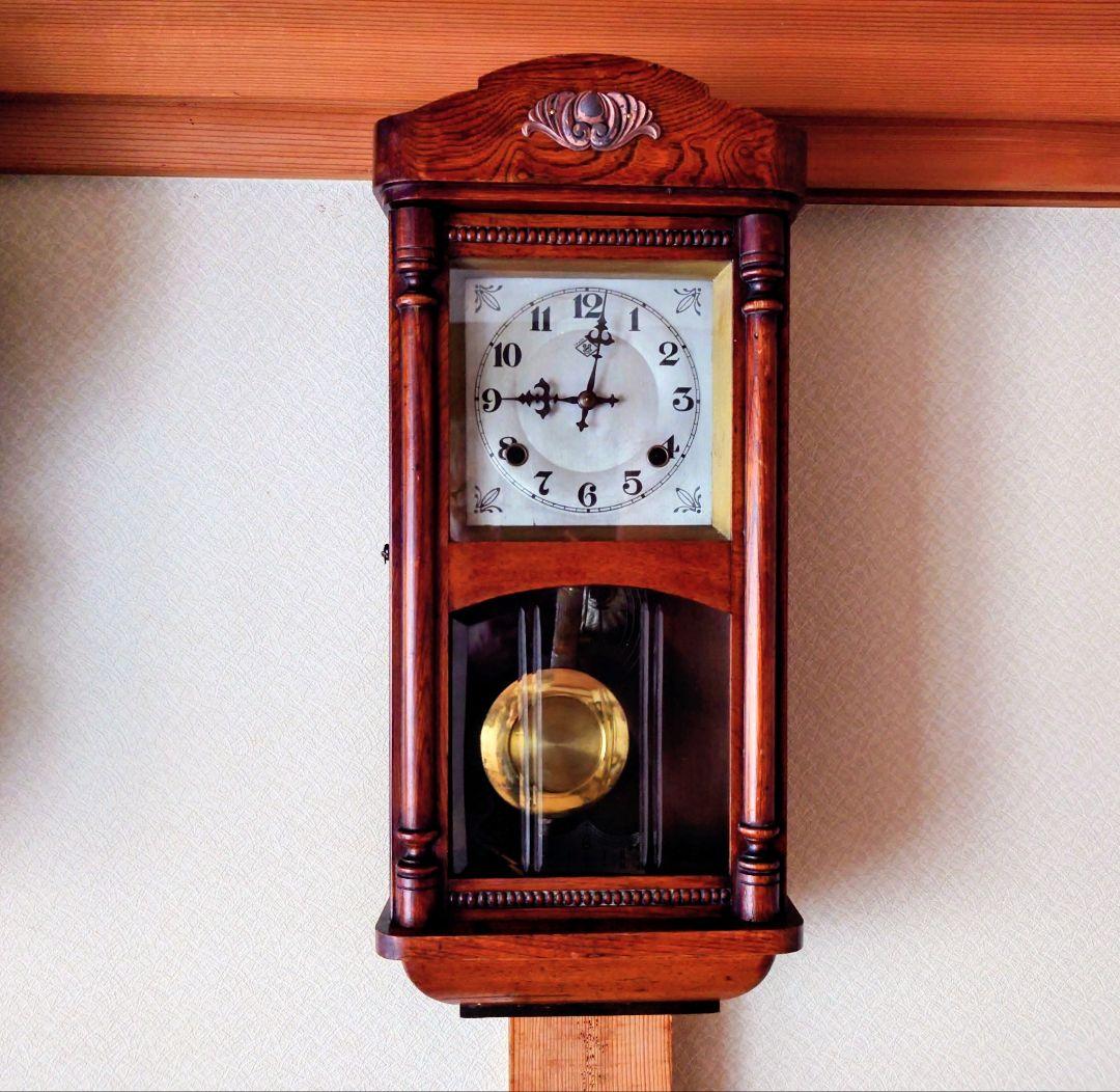 〈完動・美品〉浦時計製作所　欅造りスリゲル宮型ゼンマイ振り子時計　古時計