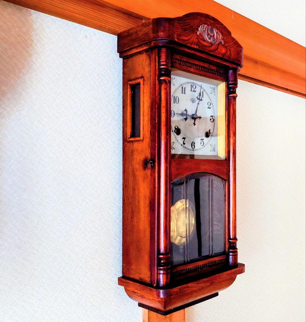 〈完動・美品〉浦時計製作所　欅造りスリゲル宮型ゼンマイ振り子時計　古時計