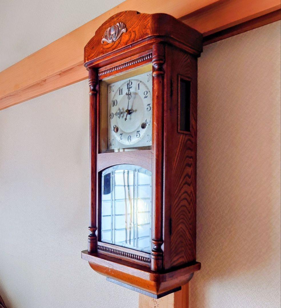 〈完動・美品〉浦時計製作所　欅造りスリゲル宮型ゼンマイ振り子時計　古時計
