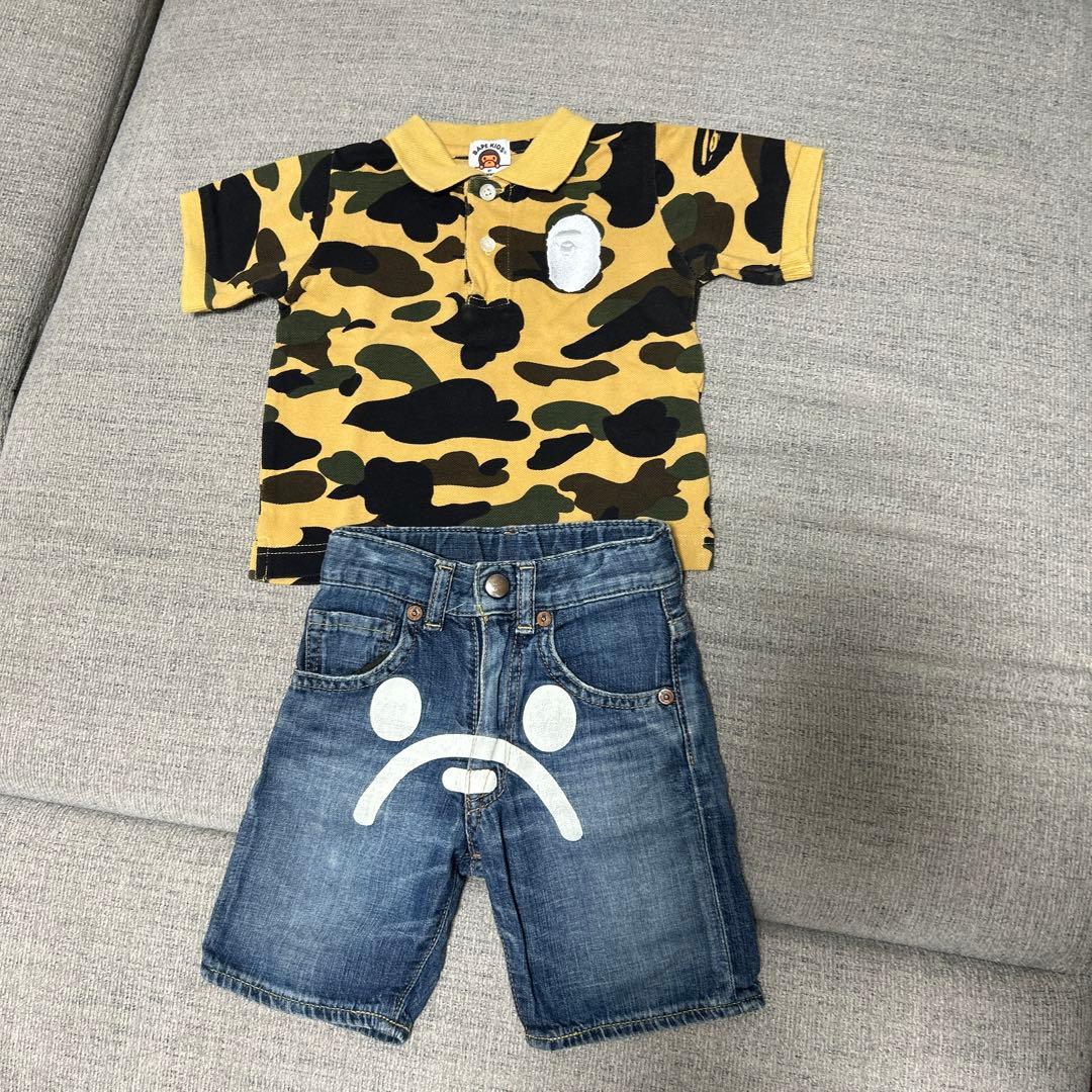 BAPEKIDS 迷彩柄ポロシャツとデニムショーツセット90cm正規品