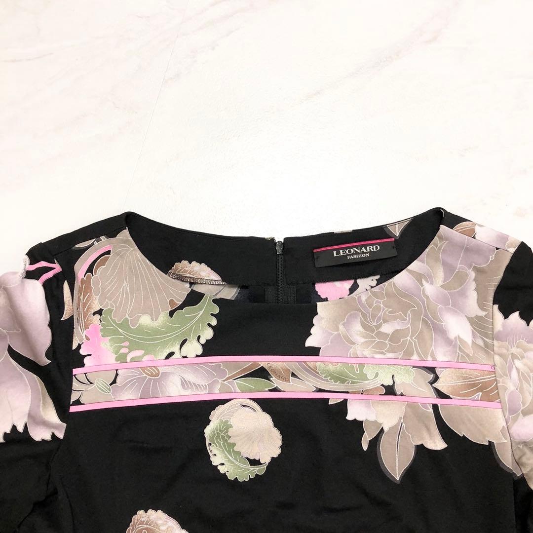 【未使用級✨️LEONARD】 カンカン素材 お花 L 黒 近年タグ チュニック