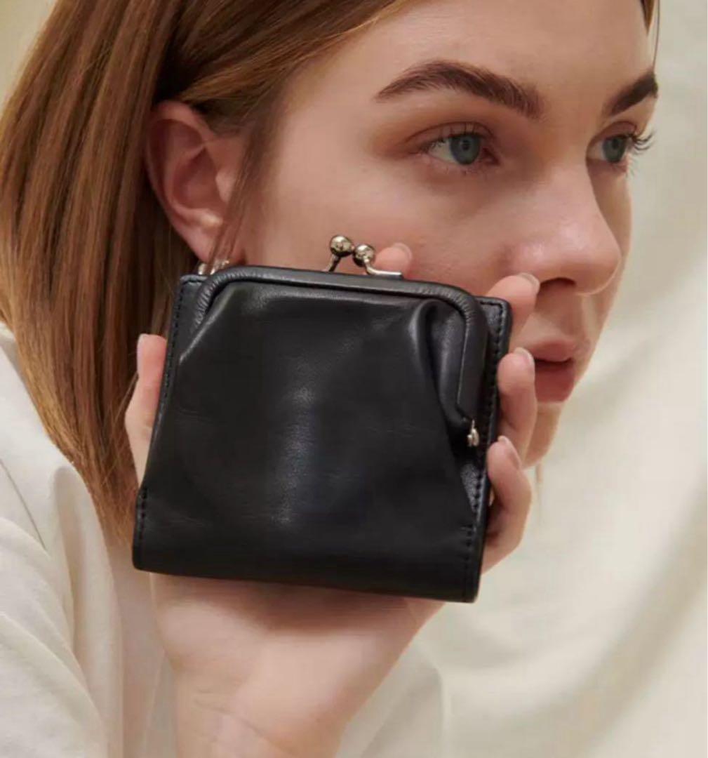 ラス1ヌメ革 二つ折り 財布 レディース 本革 がま口 小銭入れ付き(ブラウン)