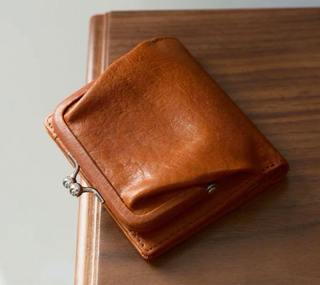 ラス1ヌメ革 二つ折り 財布 レディース 本革 がま口 小銭入れ付き(ブラウン)