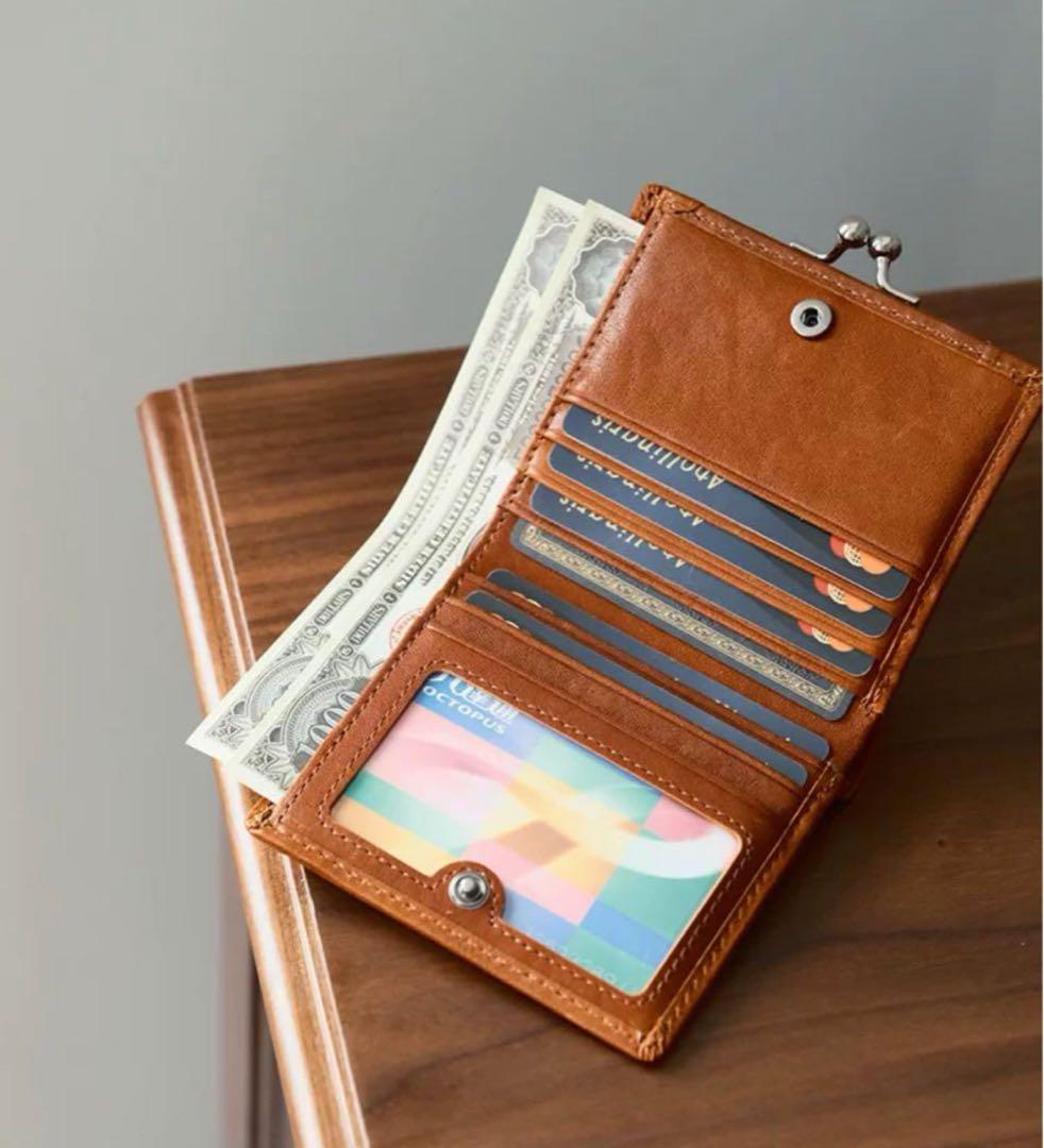 ラス1ヌメ革 二つ折り 財布 レディース 本革 がま口 小銭入れ付き(ブラウン)