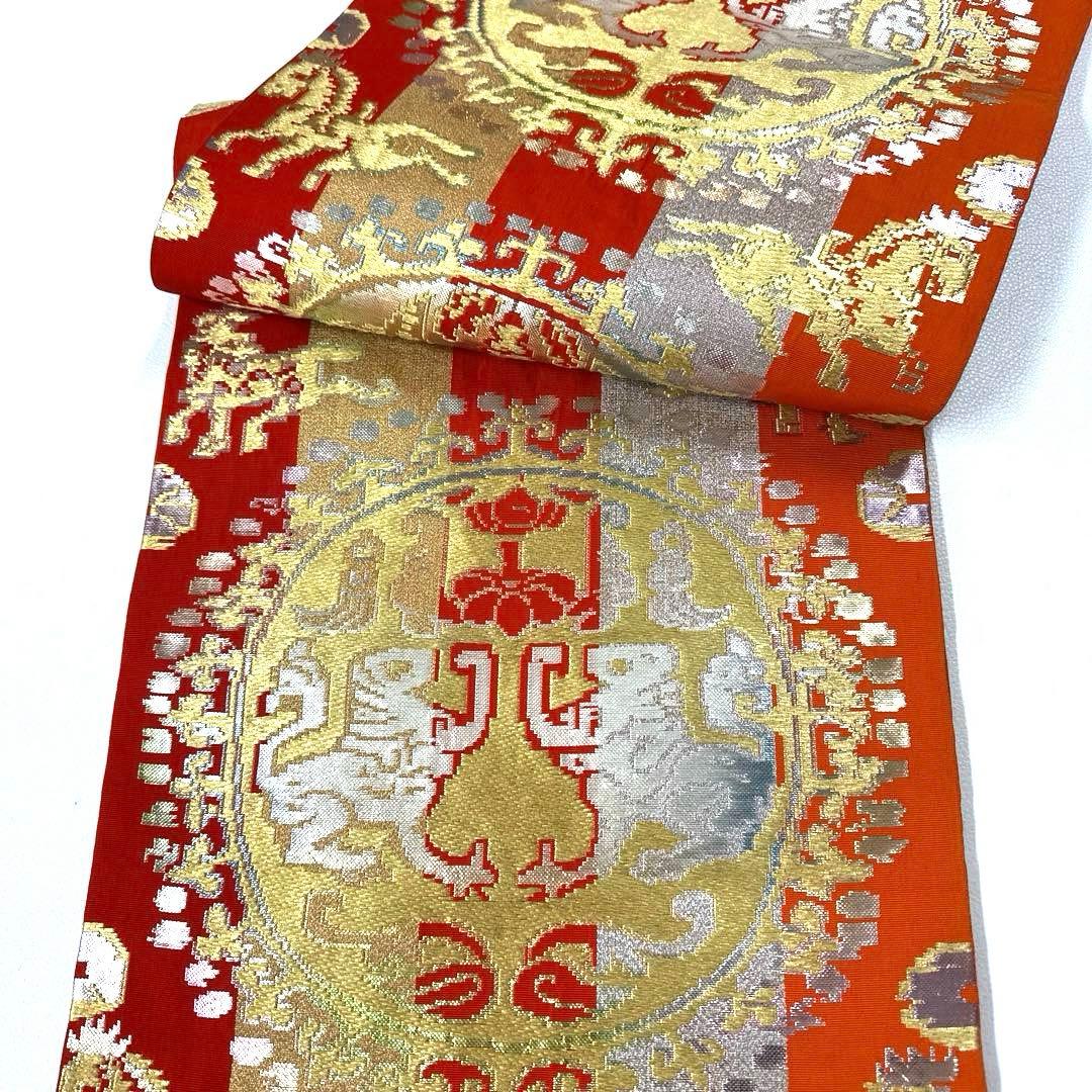 専用帯6047 ●最高級 龍村平蔵製 円文白虎錦 高級 正絹 六通 袋帯