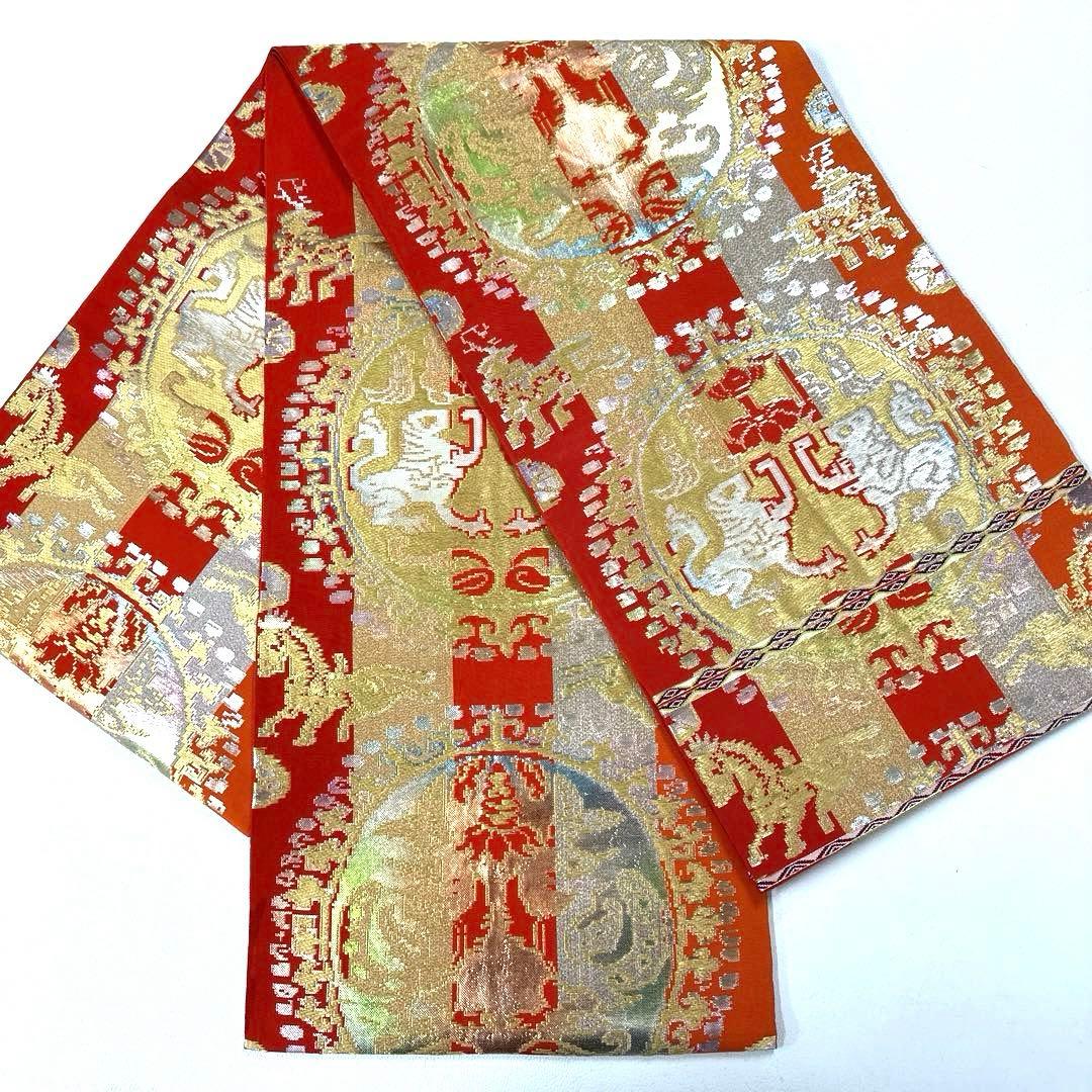 専用帯6047 ●最高級 龍村平蔵製 円文白虎錦 高級 正絹 六通 袋帯