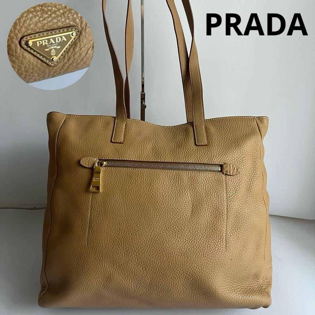 極美品✨　PRADA トートバッグ レザー　ベージュ　三角プレート