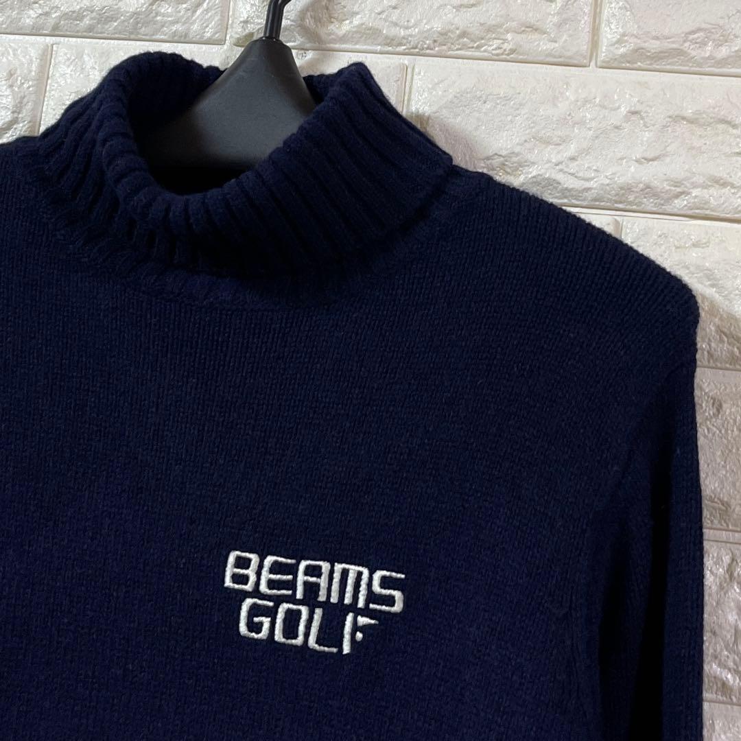 BEAMS GOLF ウール100% バイカラー タートルネック ニット 紺 S