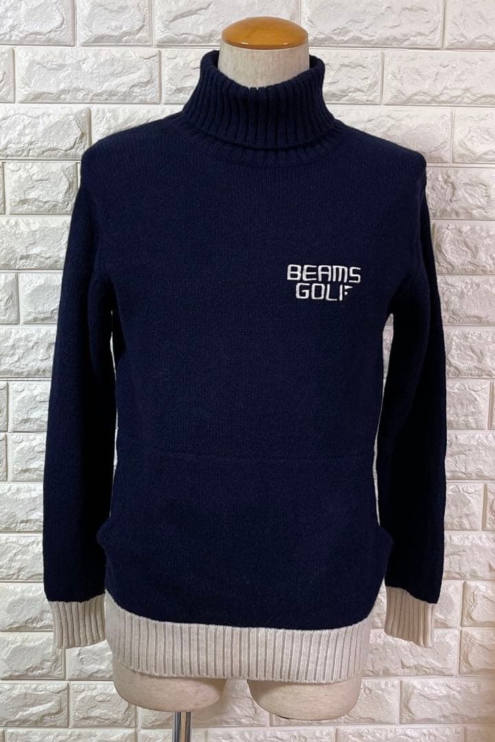 BEAMS GOLF ウール100% バイカラー タートルネック ニット 紺 S