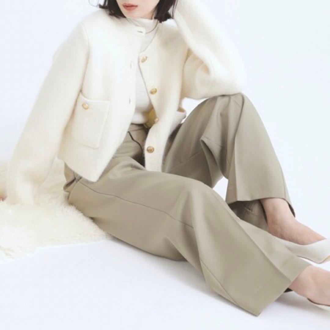 【新品】アニュアンス ラクーンブレンドノーカラーニットジャケット アイボリー