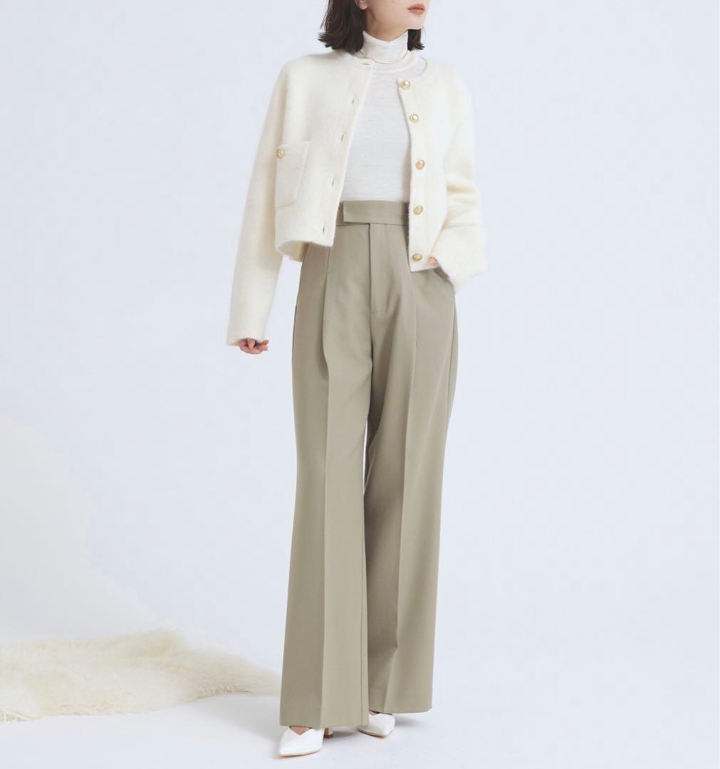 【新品】アニュアンス ラクーンブレンドノーカラーニットジャケット アイボリー