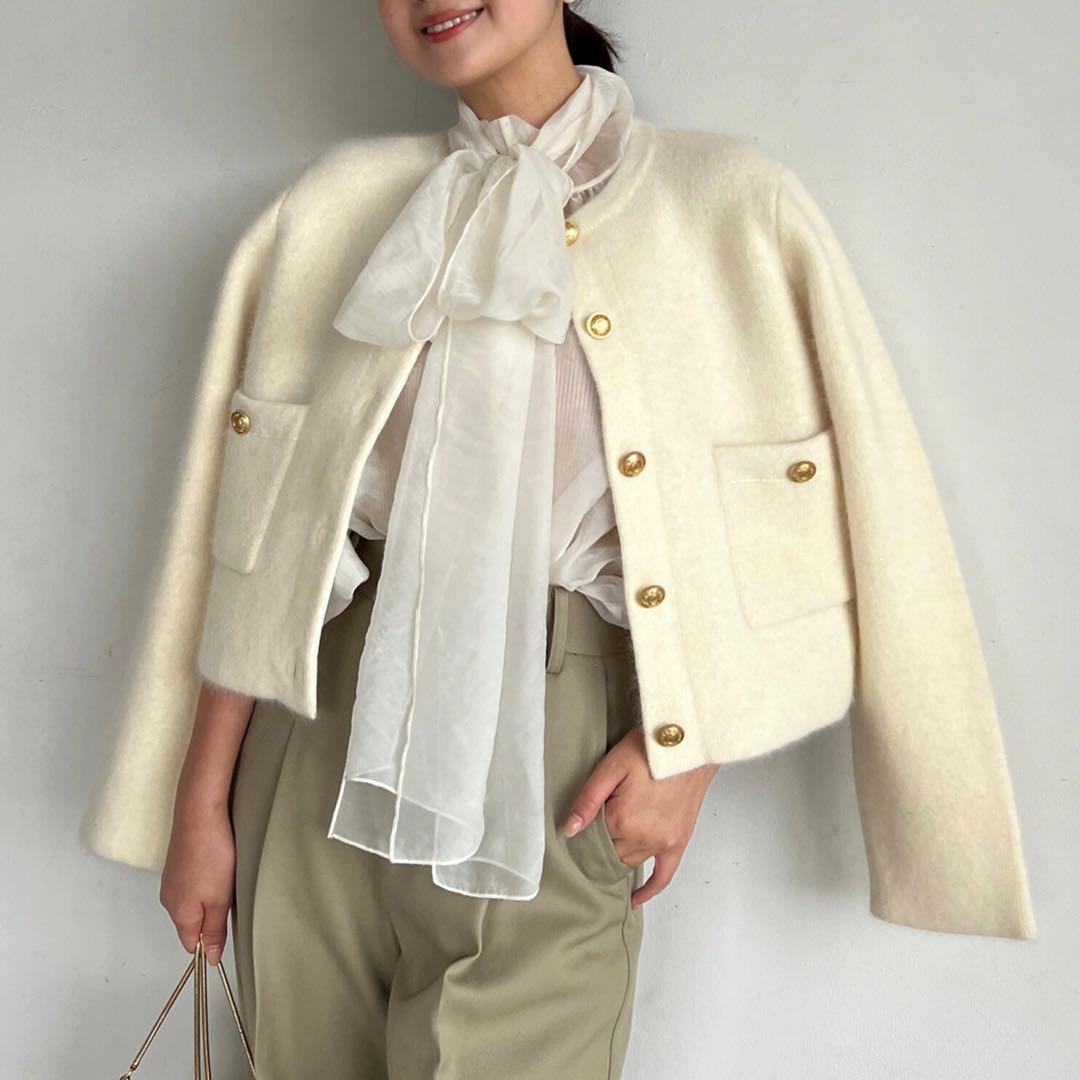 【新品】アニュアンス ラクーンブレンドノーカラーニットジャケット アイボリー