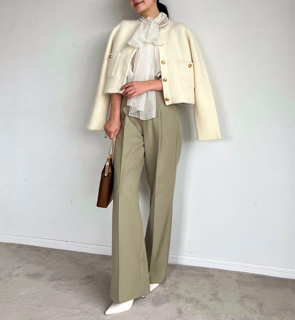 【新品】アニュアンス ラクーンブレンドノーカラーニットジャケット アイボリー