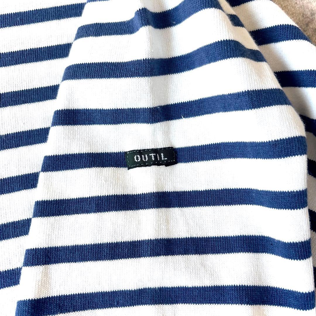 OUTIL ウティ フランス製しっかり硬め生地 長袖ボーダー バスクシャツ白青_