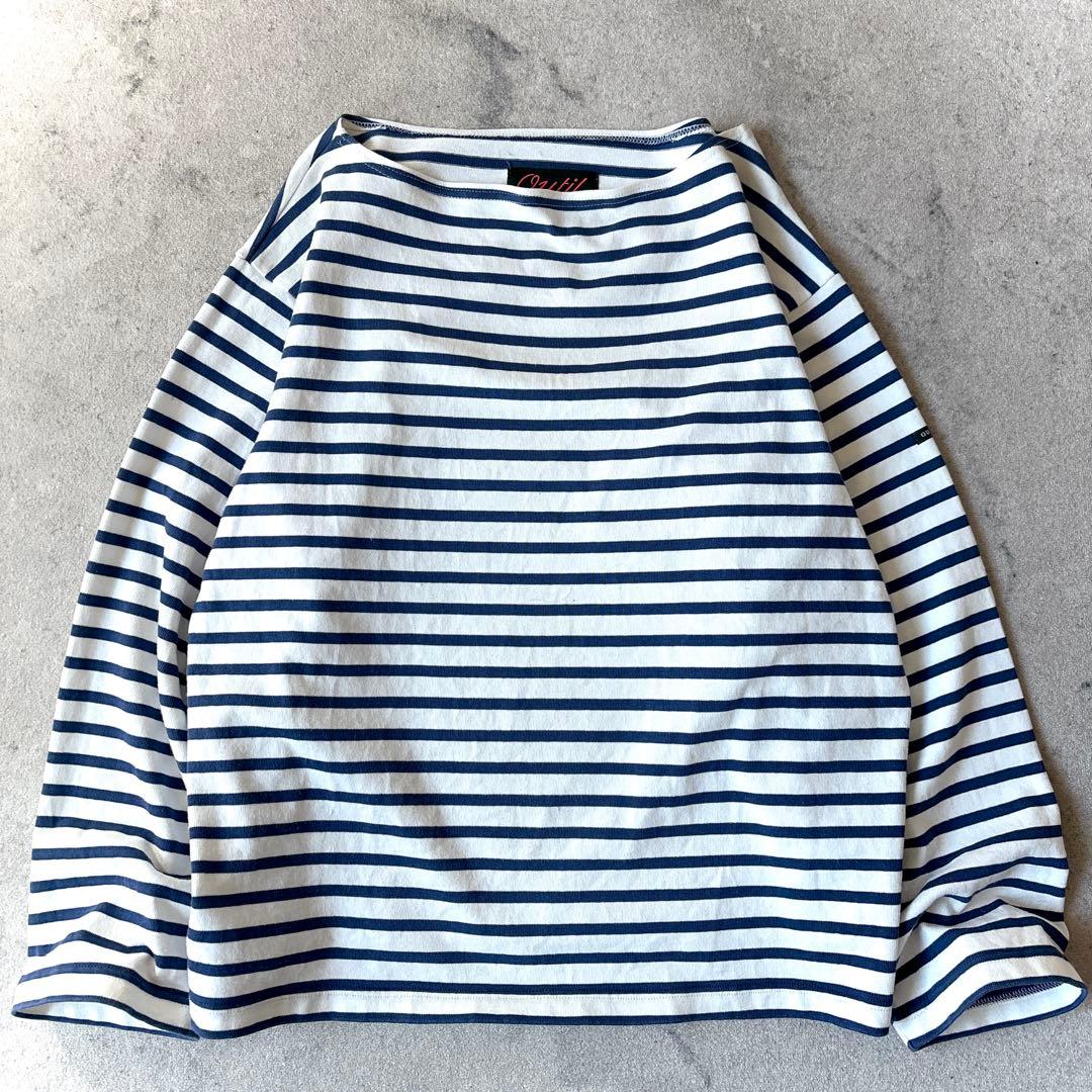 OUTIL ウティ フランス製しっかり硬め生地 長袖ボーダー バスクシャツ白青_