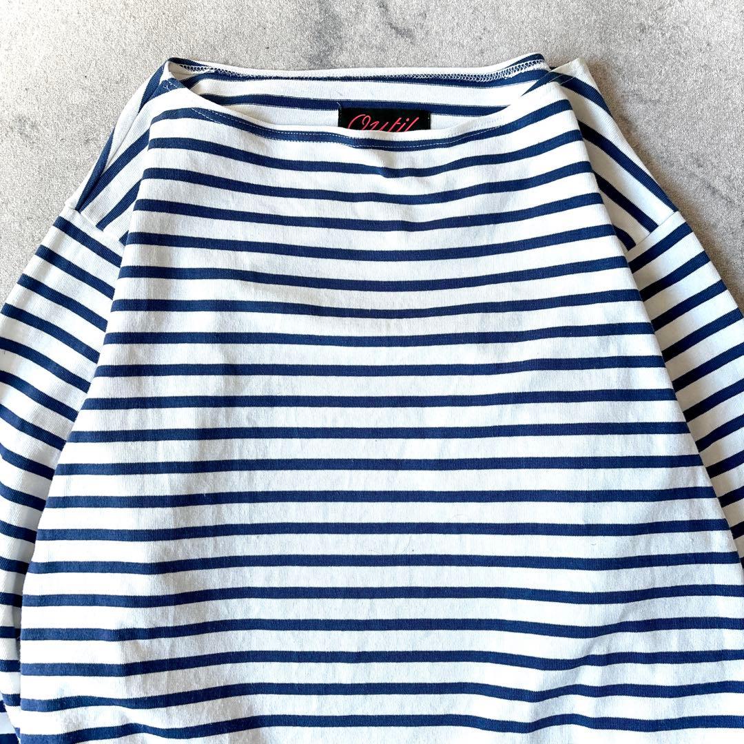 OUTIL ウティ フランス製しっかり硬め生地 長袖ボーダー バスクシャツ白青_