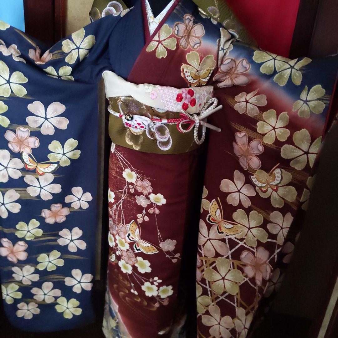351華やぎ【最終価格】【桜蝶　紺色×ワイン色】【振袖6点フルセット】卒業謝恩会